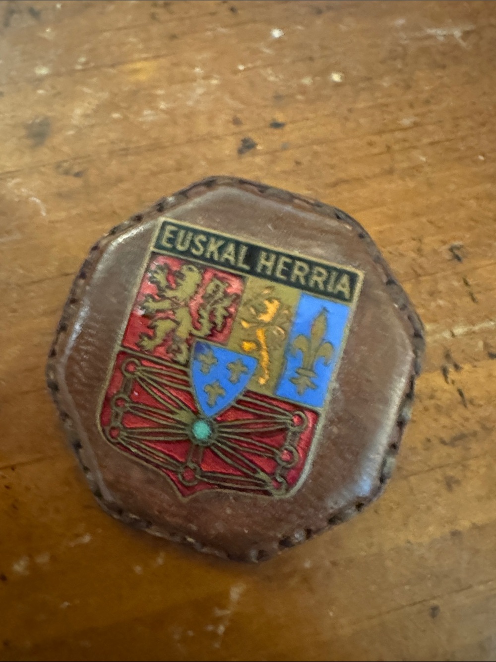 Euskal Herria Leather Patch Pin - Brown with Red, Blue & Gold Crest